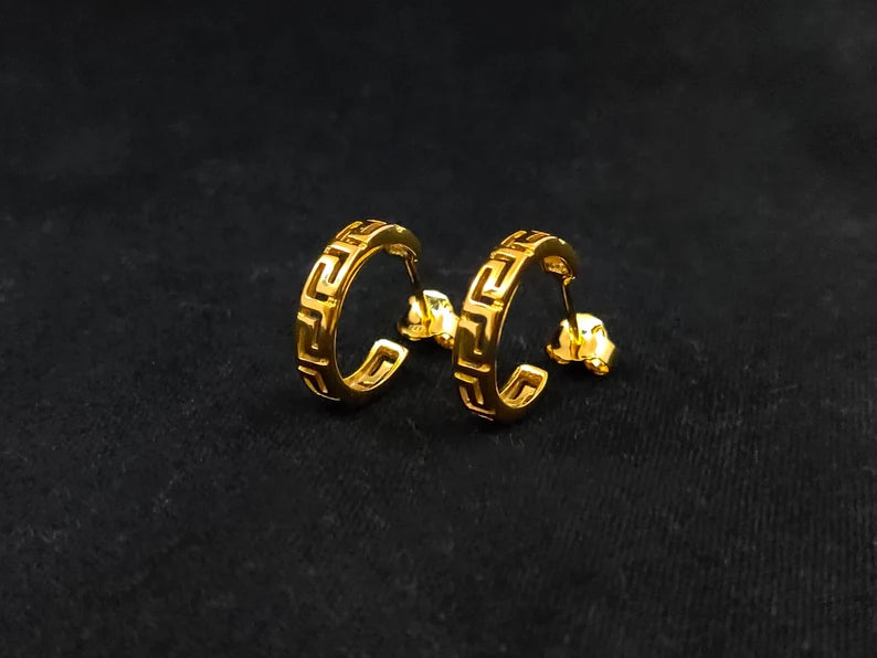 Sterling Silver 925 Hoop Meander Greek Small Gold Plated 22K Earrings 15mm