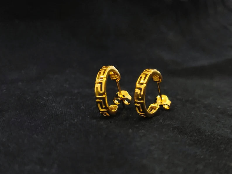Sterling Silver 925 Hoop Meander Greek Small Gold Plated 22K Earrings 15mm