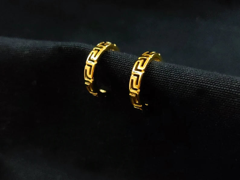 Sterling Silver 925 Hoop Meander Greek Small Gold Plated 22K Earrings 15mm