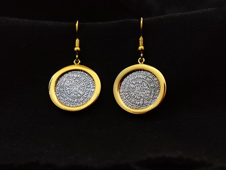 Sterling Silver 925 Phaistos Disc Greek Minoan 2Tone Dangle Gold Plated Earrings 21mm