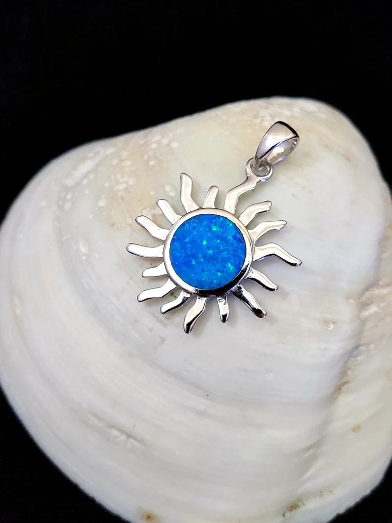 Sterling Silver 925 Blue Opal Greek Sun Helios Pendant 20mm