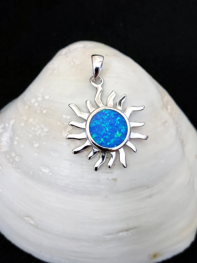 Sterling Silver 925 Blue Opal Greek Sun Helios Pendant 20mm