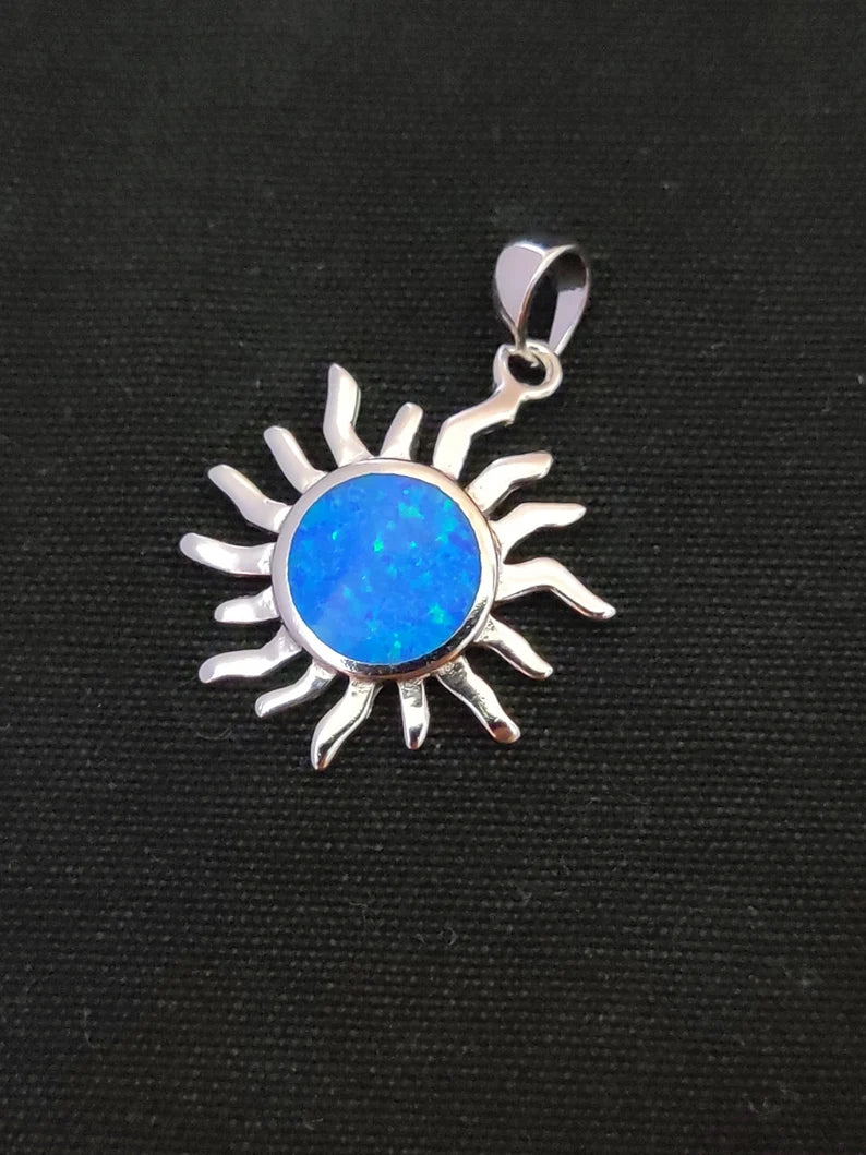 Sterling Silver 925 Blue Opal Greek Sun Helios Pendant 20mm