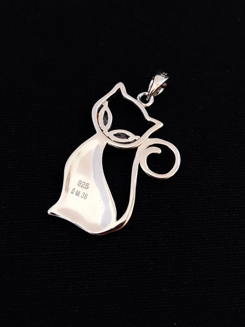 Sterling Silver 925 Blue Opal Greek Cat Animal Pendant 30mm