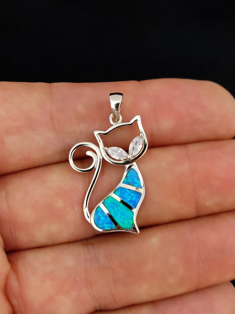 Sterling Silver 925 Blue Opal Greek Cat Animal Pendant 30mm