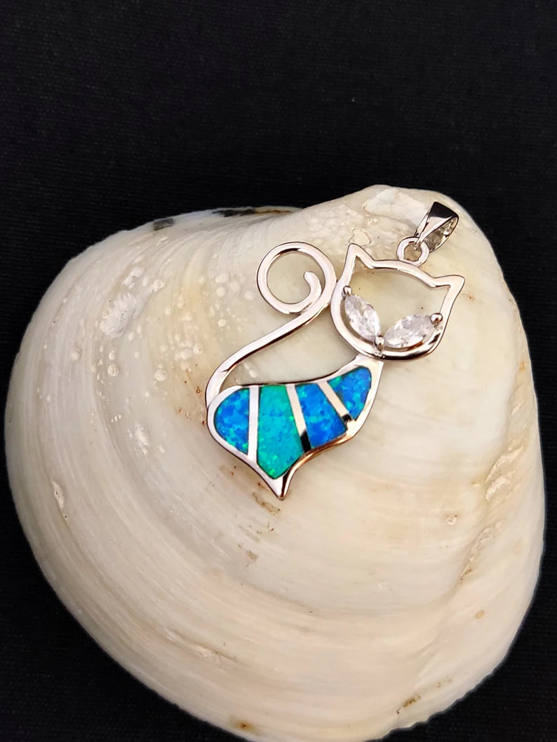 Sterling Silver 925 Blue Opal Greek Cat Animal Pendant 30mm
