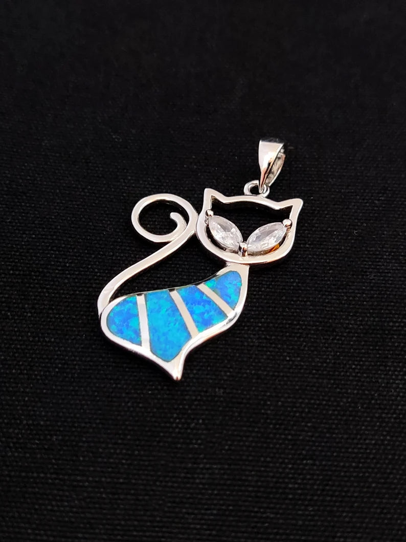 Sterling Silver 925 Blue Opal Greek Cat Animal Pendant 30mm
