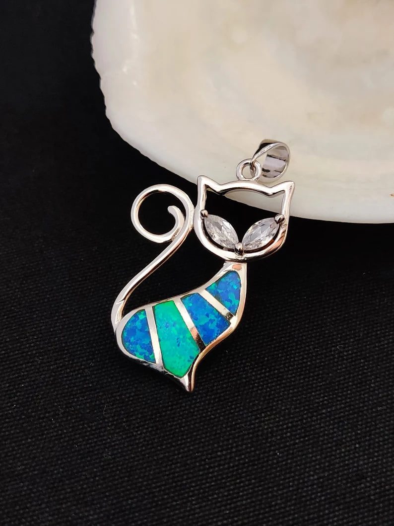Sterling Silver 925 Blue Opal Greek Cat Animal Pendant 30mm