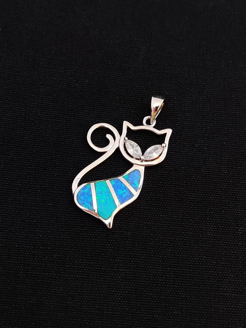 Sterling Silver 925 Blue Opal Greek Cat Animal Pendant 30mm