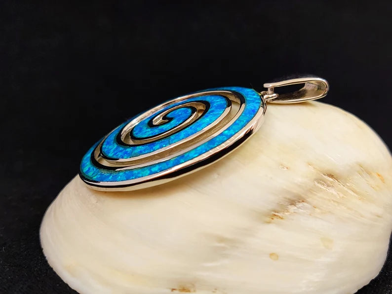 Silver Greek Spiral Pendant With Blue Opal Stones 40mm