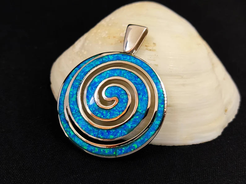 Silver Greek Spiral Pendant With Blue Opal Stones 40mm