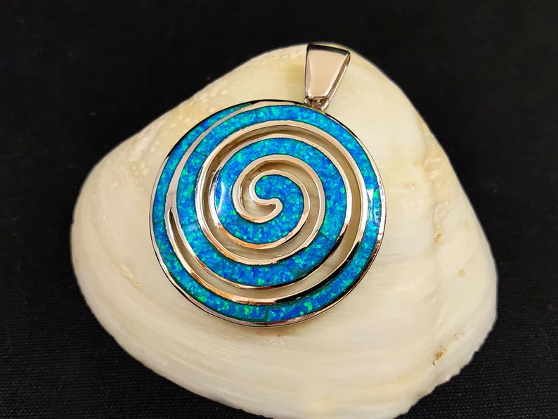 Silver Greek Spiral Pendant With Blue Opal Stones 40mm