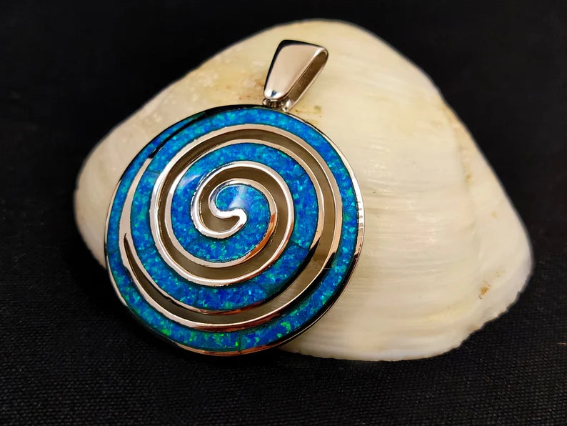 Silver Greek Spiral Pendant With Blue Opal Stones 40mm