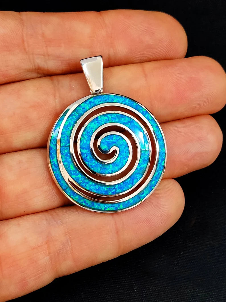 Silver Greek Spiral Pendant With Blue Opal Stones 40mm