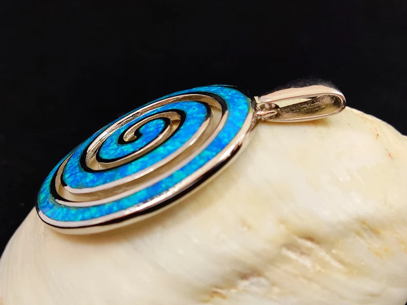 Silver Greek Spiral Pendant With Blue Opal Stones 40mm