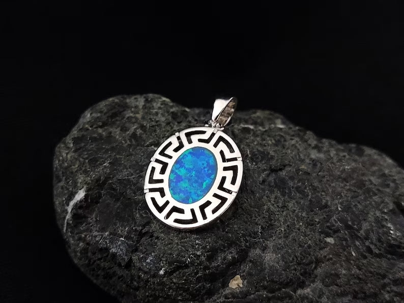 Silver Blue Opal Greek Meander Small Oval Pendant 17x14mm