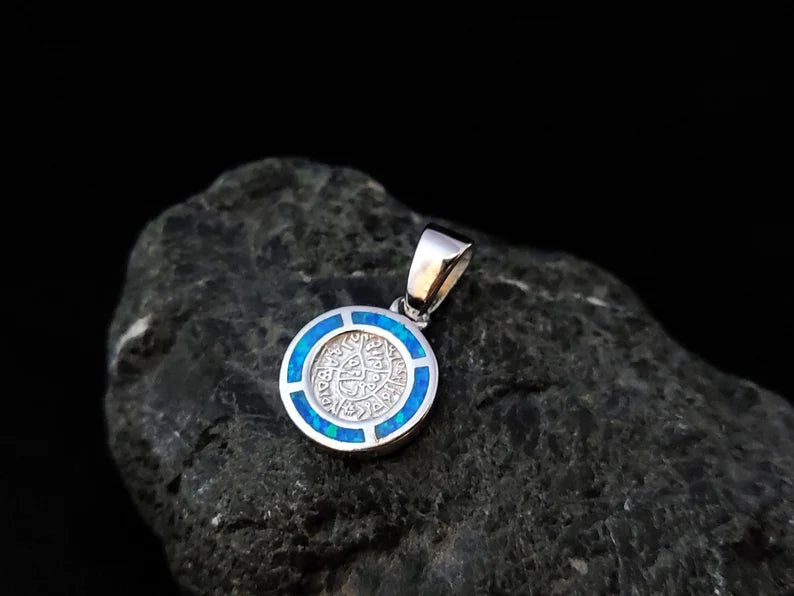 Sterling Silver 925 Phaistos Disc Blue Opal Greek Minoan Pendant 11mm