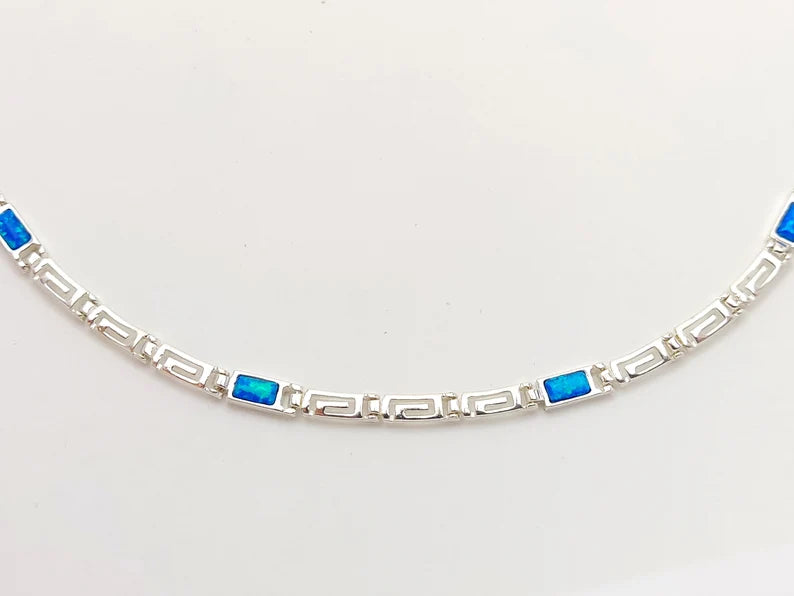 Sterling Silver 925 Necklace Meander Infinity Greek Key Blue Opal