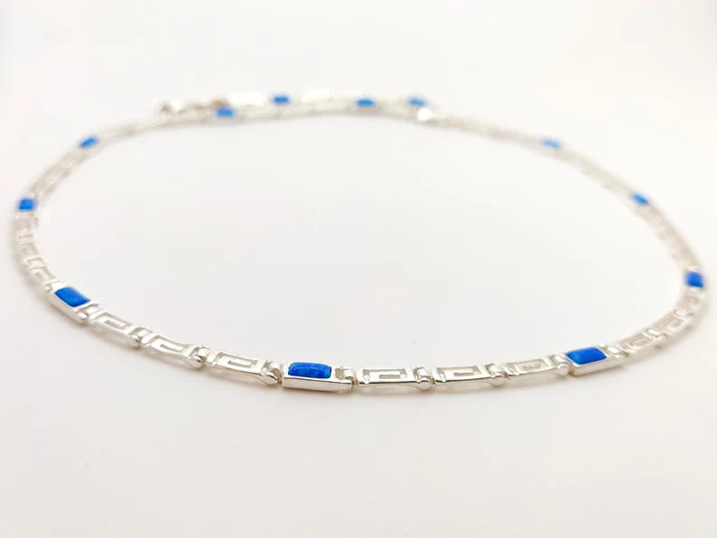 Sterling Silver 925 Necklace Meander Infinity Greek Key Blue Opal