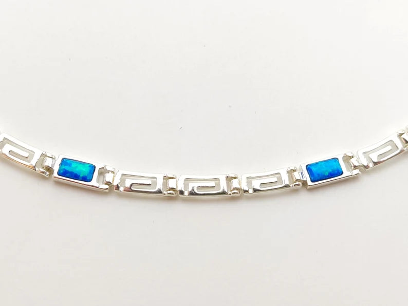 Sterling Silver 925 Necklace Meander Infinity Greek Key Blue Opal