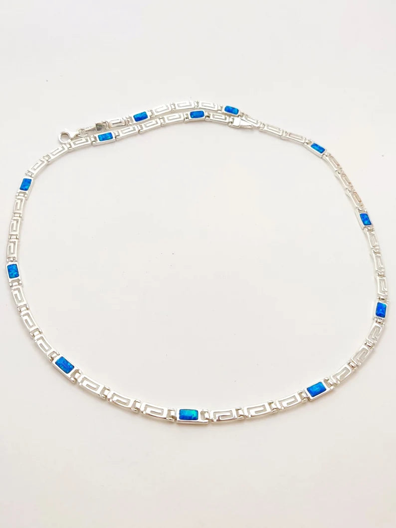 Sterling Silver 925 Necklace Meander Infinity Greek Key Blue Opal
