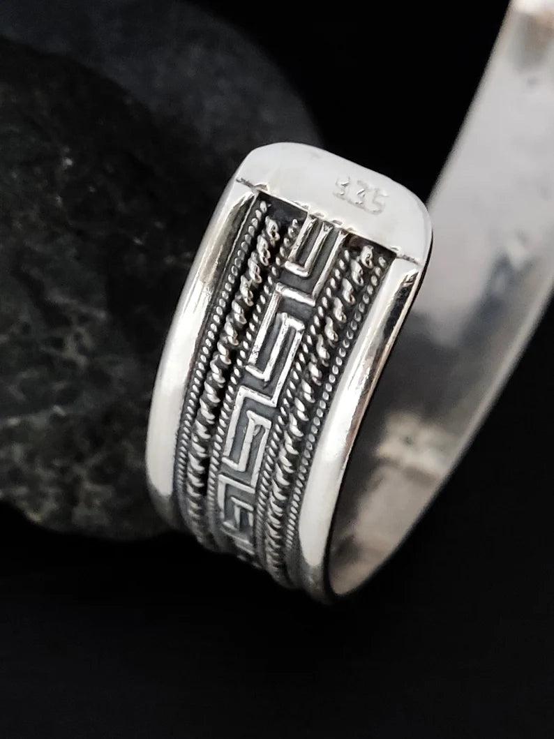 Greek Silver Cuff Bracelet 15mm, Greek Key Meander Men Women Unisex Jewelry From Greece