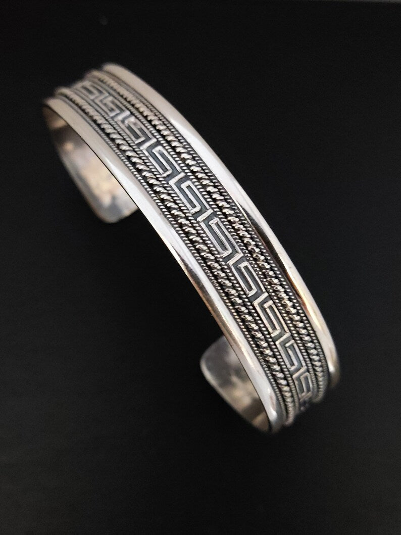 Greek Silver Cuff Bracelet 15mm, Greek Key Meander Men Women Unisex Jewelry From Greece