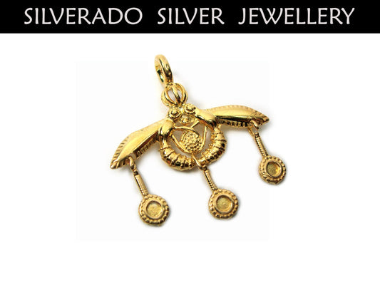 Sterling Silver 925 Ancient Greek Minoan Bees Of Malia Goldplated 22K Pendant 28 mm, Greek Pendant, Greek Jewelry, Greek Silver Bees Pendant