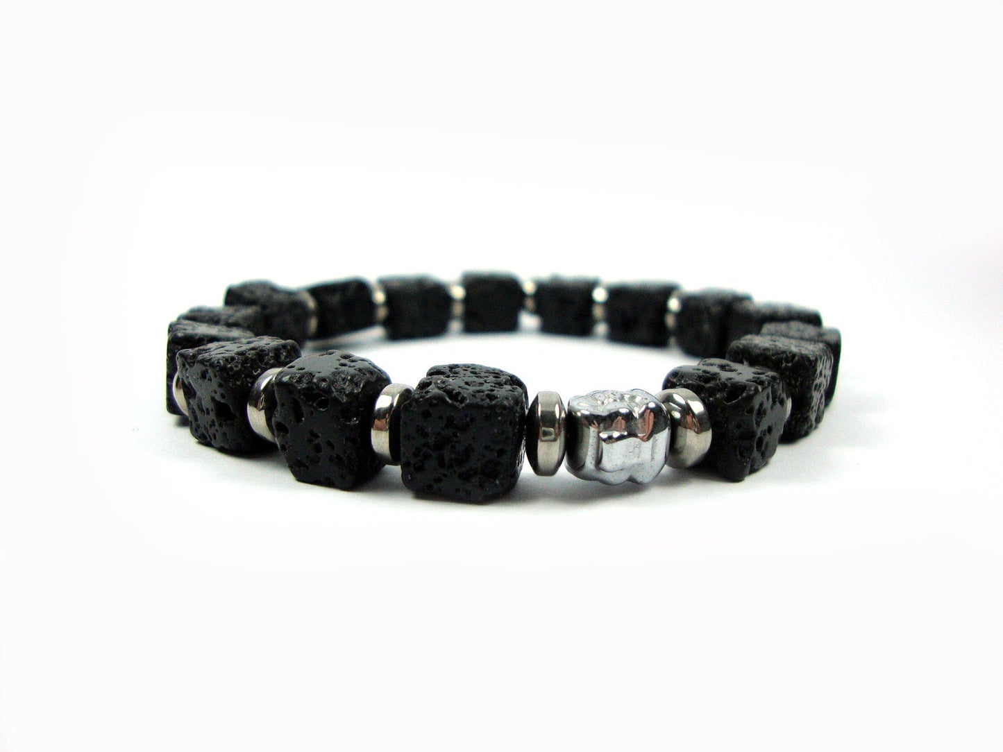 Santorini Natural Black Volcanic Cube Lava 8x8mm Hematite Good Luck Charm Buddha Head Handmade Men Women Unisex Bracelet