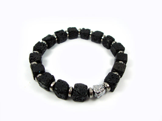 Santorini Natural Black Volcanic Cube Lava 8x8mm Hematite Good Luck Charm Buddha Head Handmade Men Women Unisex Bracelet