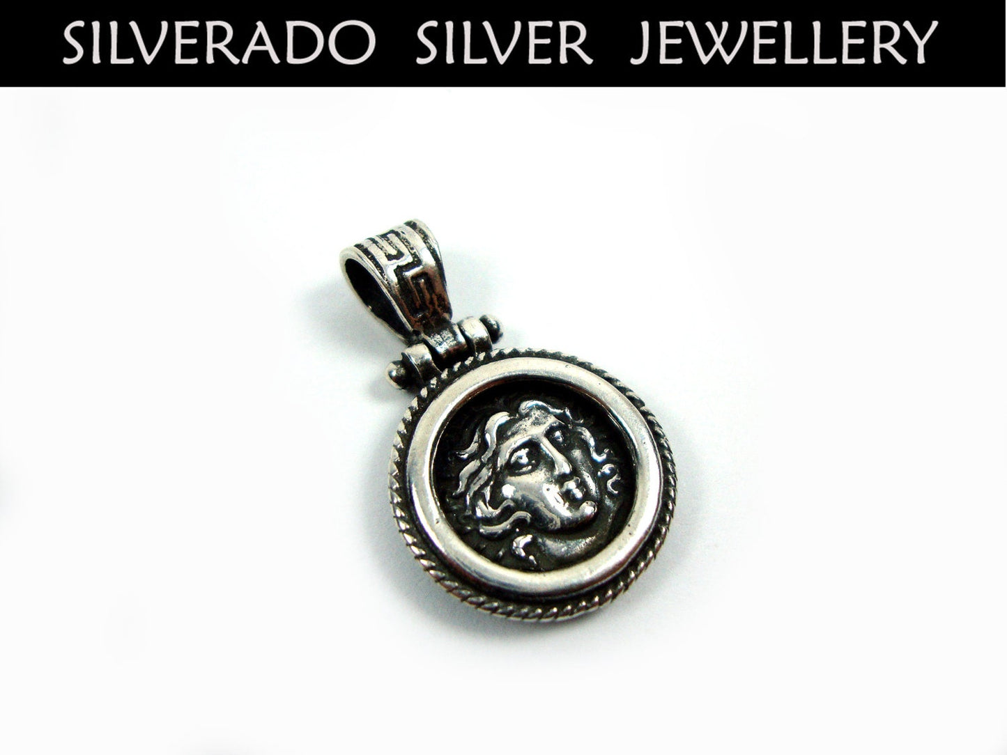 Sterling Massives Silber 925 Altgriechischer Schmuck Replik Münze Didrachmon Helios Gott der Sonne von Rhodos 17 mm, griechischer Anhänger, griechische Münze