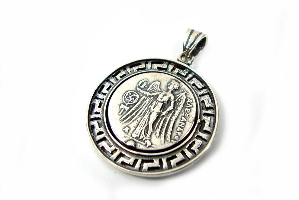 Sterling Silver 925 Ancient Greek Goddess Athena Solid Round Pendant 29 mm Greek Eternity Key , Greek Pendant , Greek Coin , Greek Jewelry