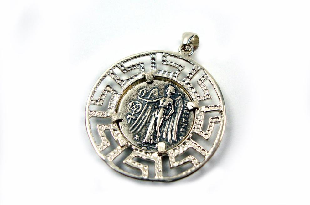 Goddess Athena Greek Key Silver Pendant 33mm