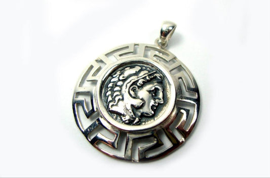 Sterling Silver 925 Pendant featuring Alexander the Great coin in a Greek Key Meandros frame, size: 33mm (1.28 inches), handcrafted in Greece.