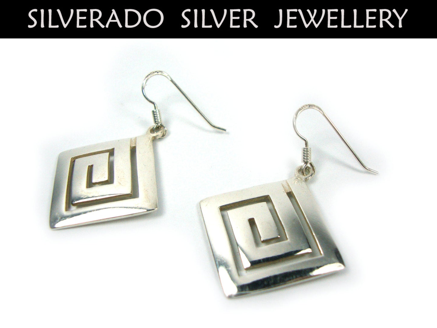 Sterling Silver 925 Modern Greek Eternity Key Square Dangle Earrings 20x20 mm, boucles d'oreilles Grecque, Griechische Silber Ohrringe