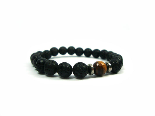 Lava Bracelet From Greece, Santorini Natural Black Volcanic Lava 8mm Tiger Eye 8mm Handmade Greek Men Women Unisex Bracelet