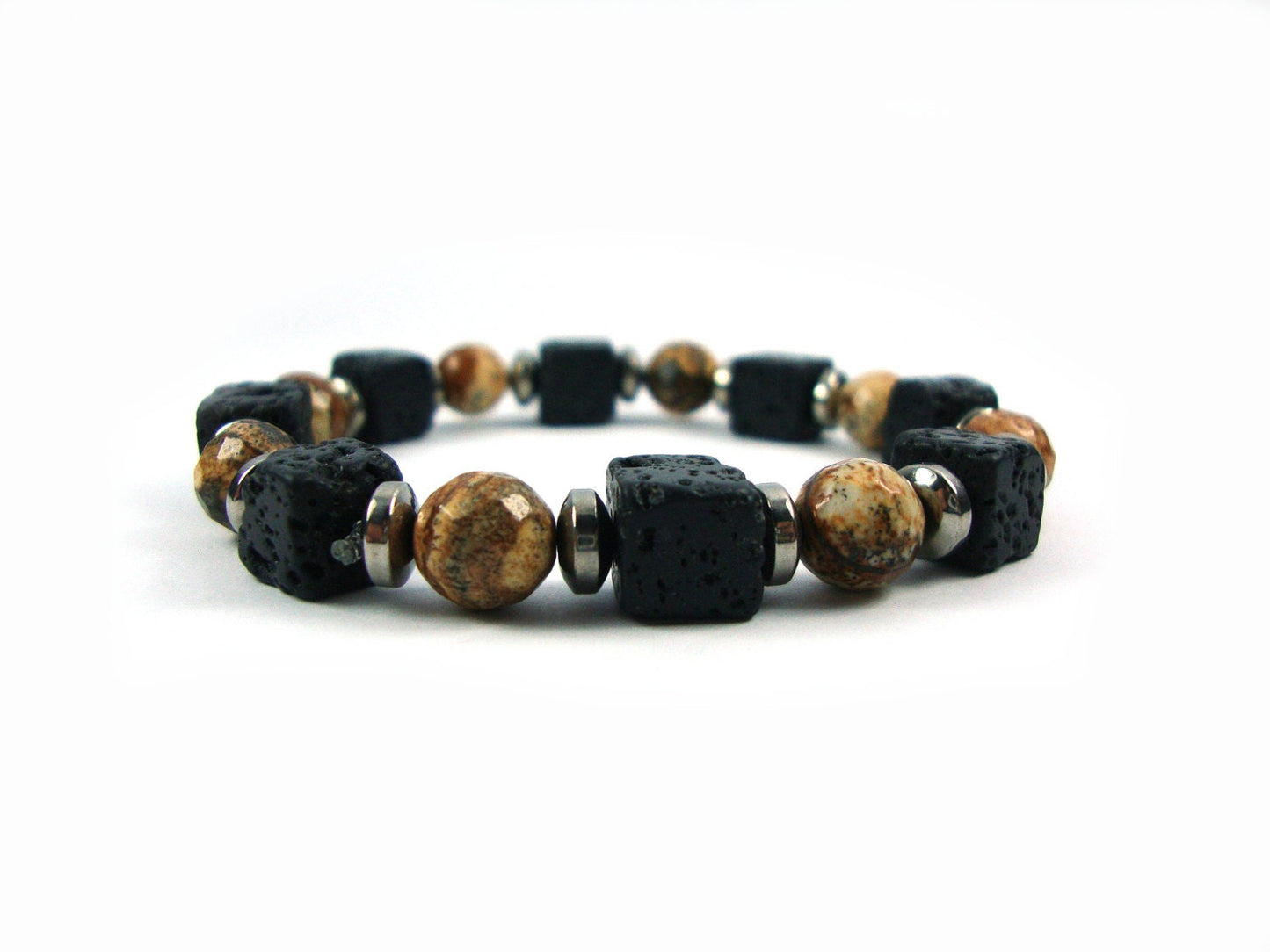 Santorini Natural Black Volcanic Cube Lava Bracelet & Jasper 8x8mm Men Women Unisex Bracelet, Pulsera de lava, Lava volcánica