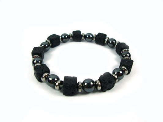 Lava Bracelet, Pulsera de Lava, Santorini Natural Black Volcanic Cube Lava & Hematite 8x8mm  Handmade Men Women Unisex Bracelet