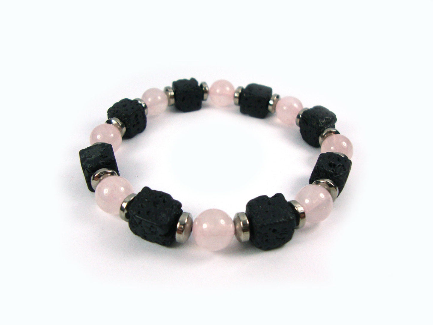 Santorini Natural Black Volcanic Cube Lava & Pink Quartz 8x8mm  Handmade Men Women Unisex Bracelet