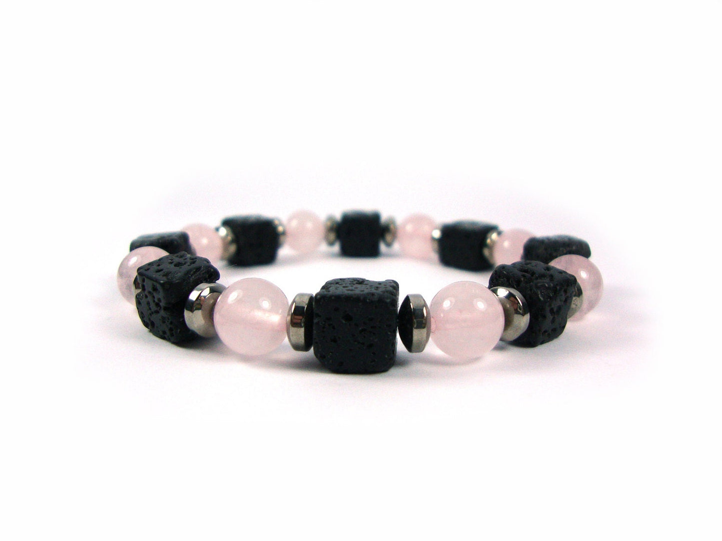 Santorini Natural Black Volcanic Cube Lava & Pink Quartz 8x8mm  Handmade Men Women Unisex Bracelet