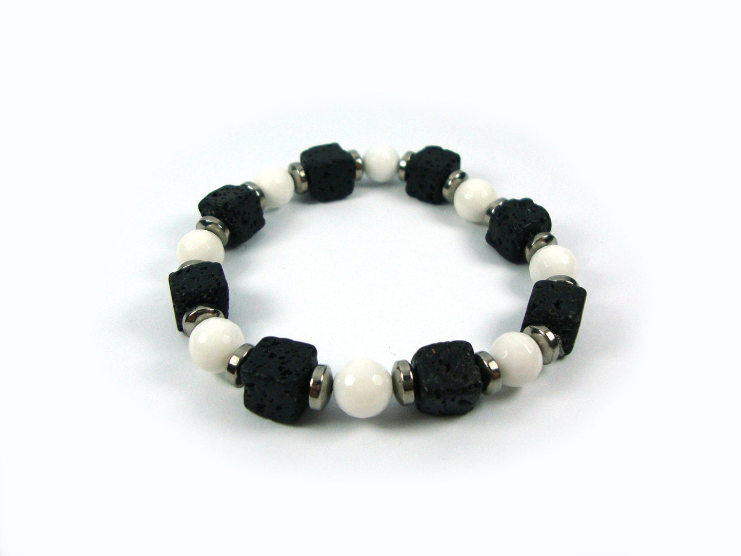 Santorini Natural Black Volcanic Cube Lava & White Onyx 8x8mm Handmade Men Women Unisex Bracelet