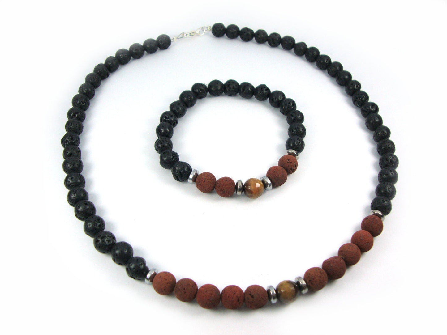 Santorini Jewelry Set Natural Black Volcanic Black & Brown Lava 8mm - Natural Tiger Eye 8mm, Lava Bracelet, Lava Necklace