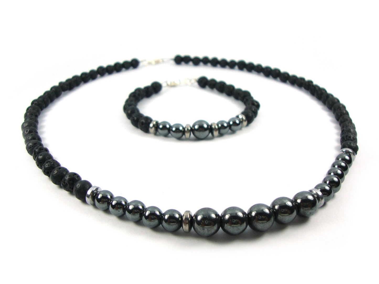 Santorini Jewelry Set Natural Black Volcanic Black Lava 6mm - Natural Hematite 6&8mm Handmade Greek Bracelet Necklace