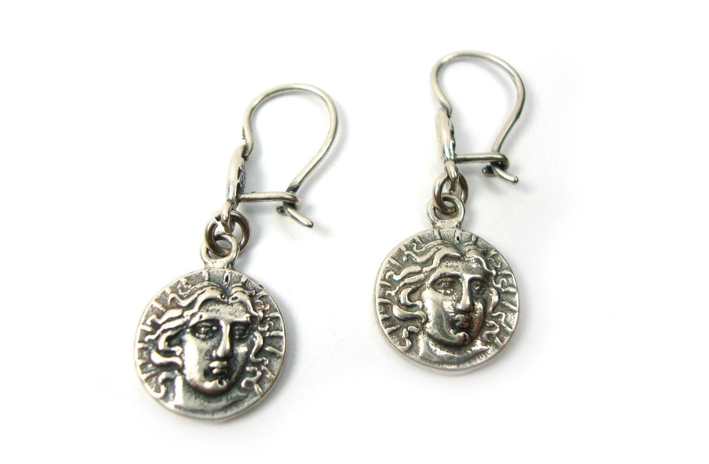 Sterling Solid Silver 925 Greek Earrings , Ancient Greek Replica Coin Didrachmon Helios God Of Sun , Greek Jewelry , Griechische Ohrringe