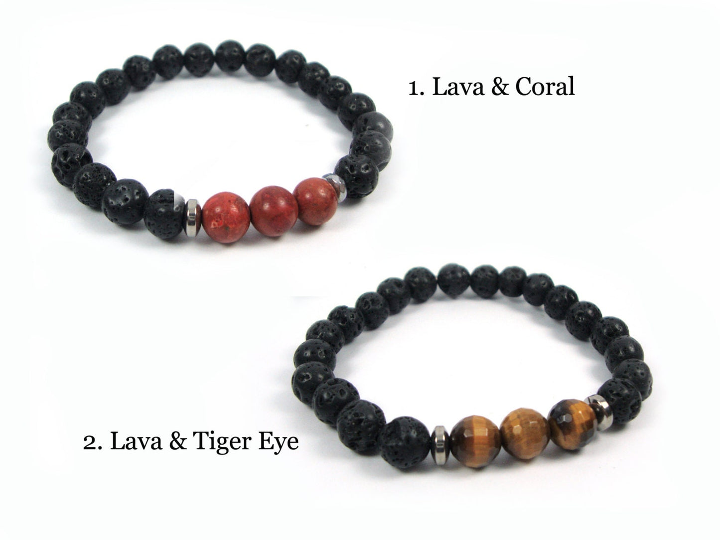 Santorini Natural Black Volcanic Lava 8mm & Natural Stones Handmade Greek Mens Womens Bracelet, Pierres volcaniques