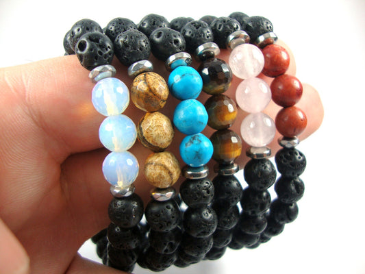 Santorini Natural Black Volcanic Lava 8mm & Natural Stones Handmade Greek Mens Womens Bracelet, Pierres volcaniques