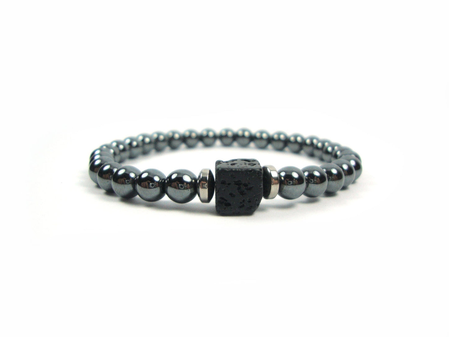 Santorini Greek Natural Volcanic Cubic Lava & Hematite 6 mm Men Women Unisex Bracelet