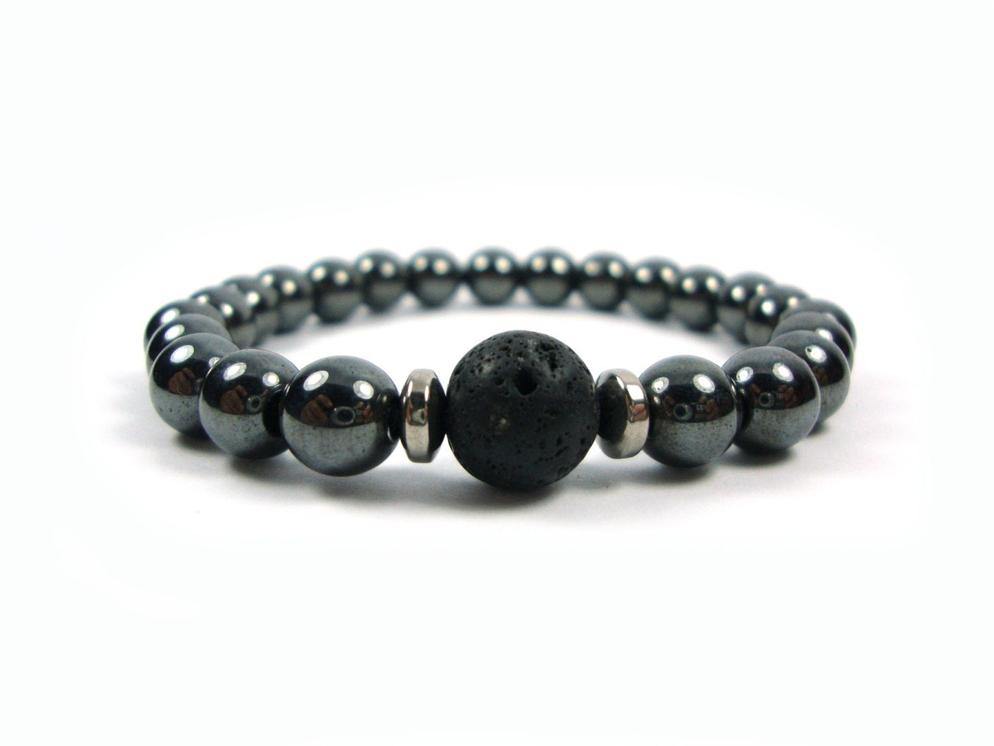 Santorini Greek Natural Volcanic Lava 10mm & Hematite 6 mm Men Women Unisex Bracelet