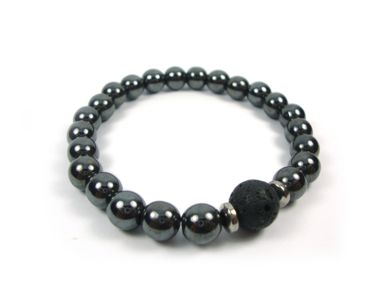 Santorini Greek Natural Volcanic Lava 10mm & Hematite 6 mm Men Women Unisex Bracelet