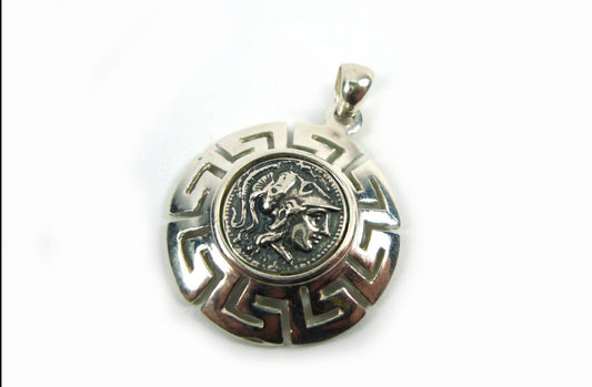 Brand new Greek silver pendant that depicts a replica coin of goddess Athena surrounded by the Greek Key Meander design.